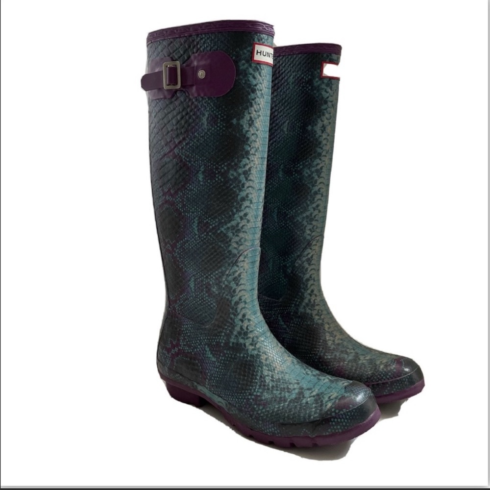 Hunter Boots Rain Carnaby Wellington Snakeskin Reptile Print Tall Green Purple